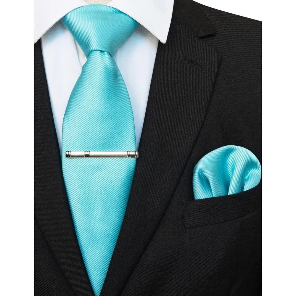 Men's Turquoise Colour Formal Necktie and Pocket Square Tie Clip Sets